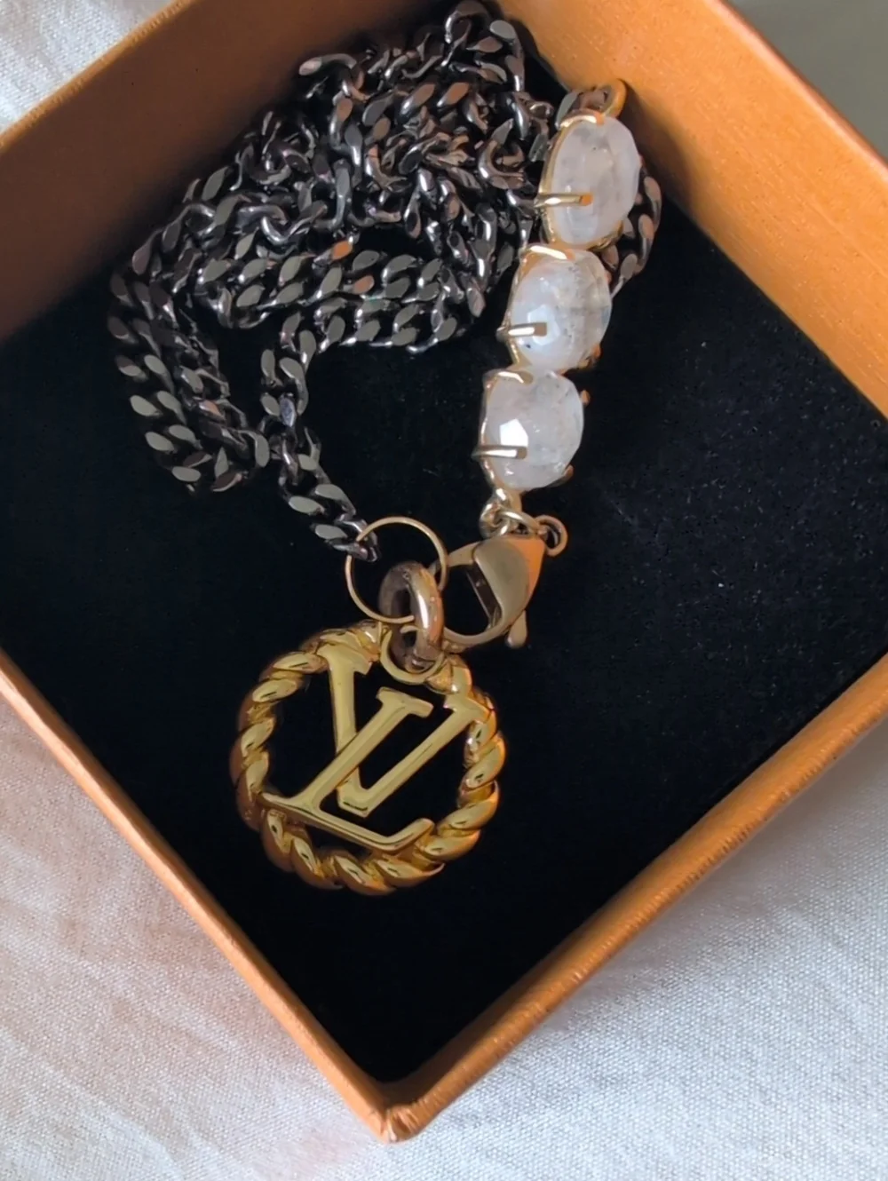 Louis Vuitton Gold On Black Rhodium Flat Curb Chain Necklace Moonstone Accents